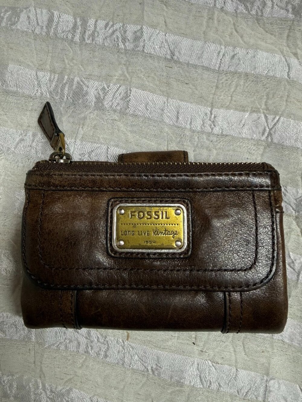 Vintage Fossil Brown Distressed Leather Trifold Wallet "Long Live Vintage 1954"